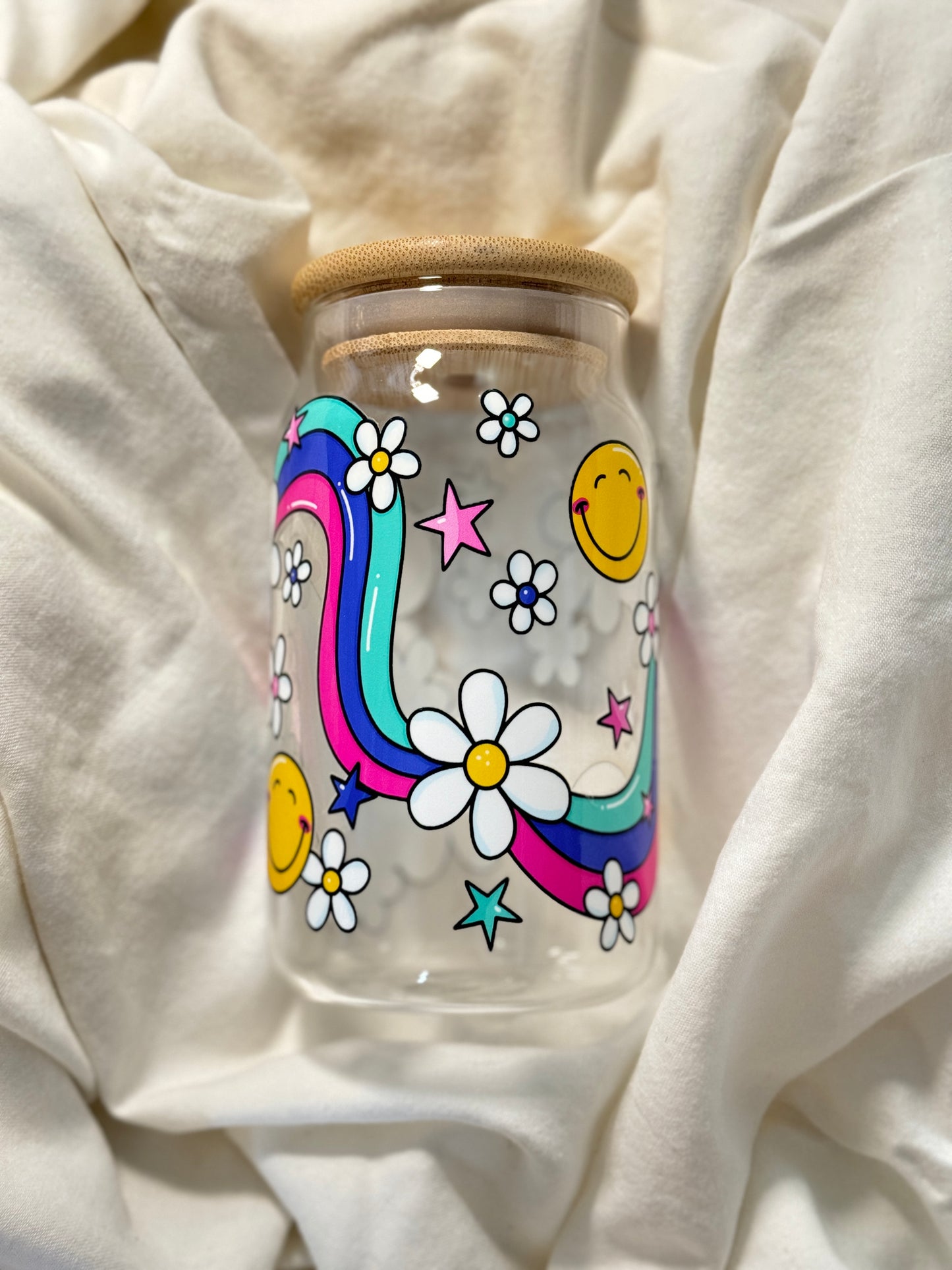 Rainbow Good Day 16 Ounce GLASS Cup with Straw