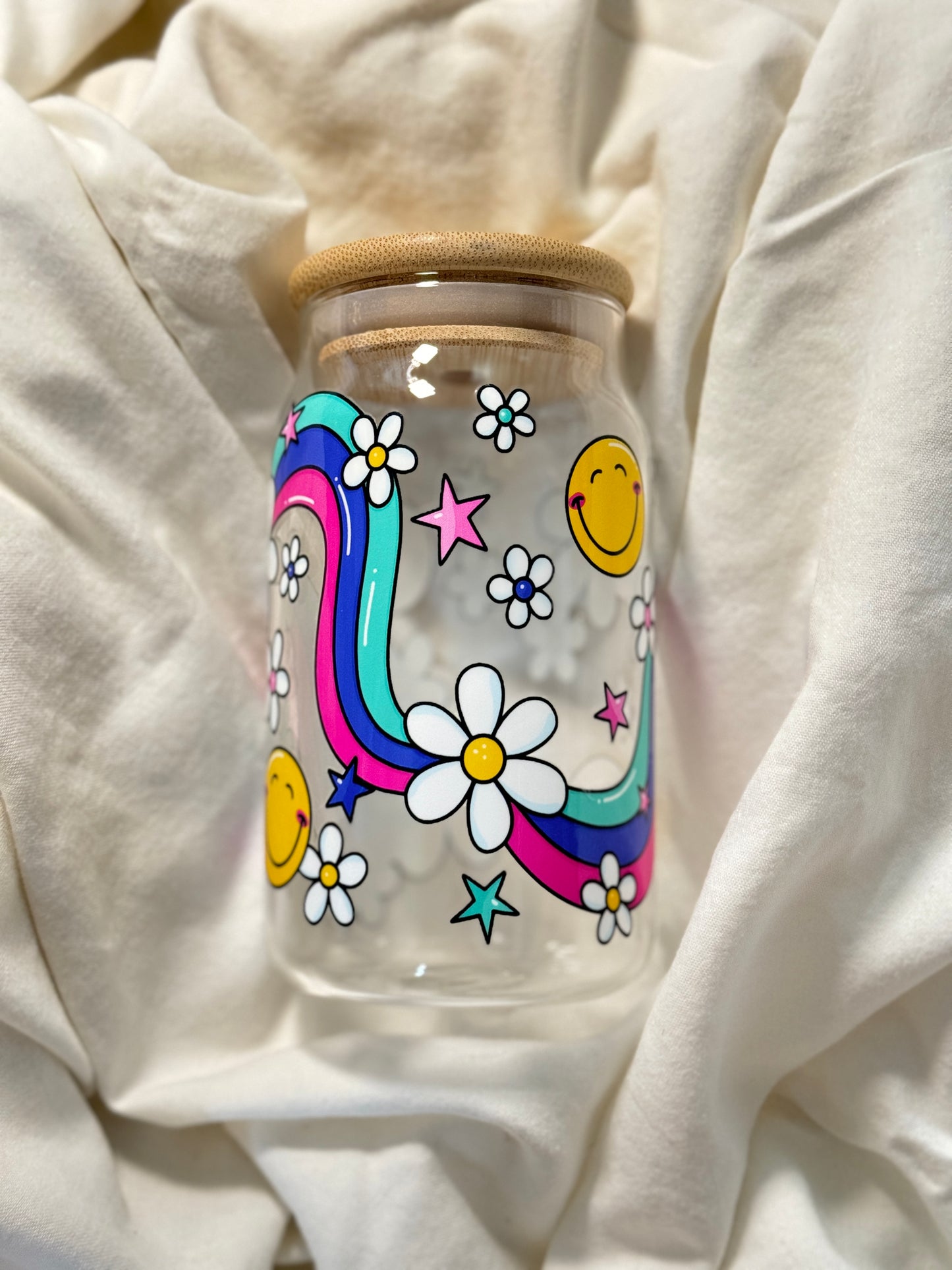 Rainbow Good Day 16 Ounce GLASS Cup with Straw