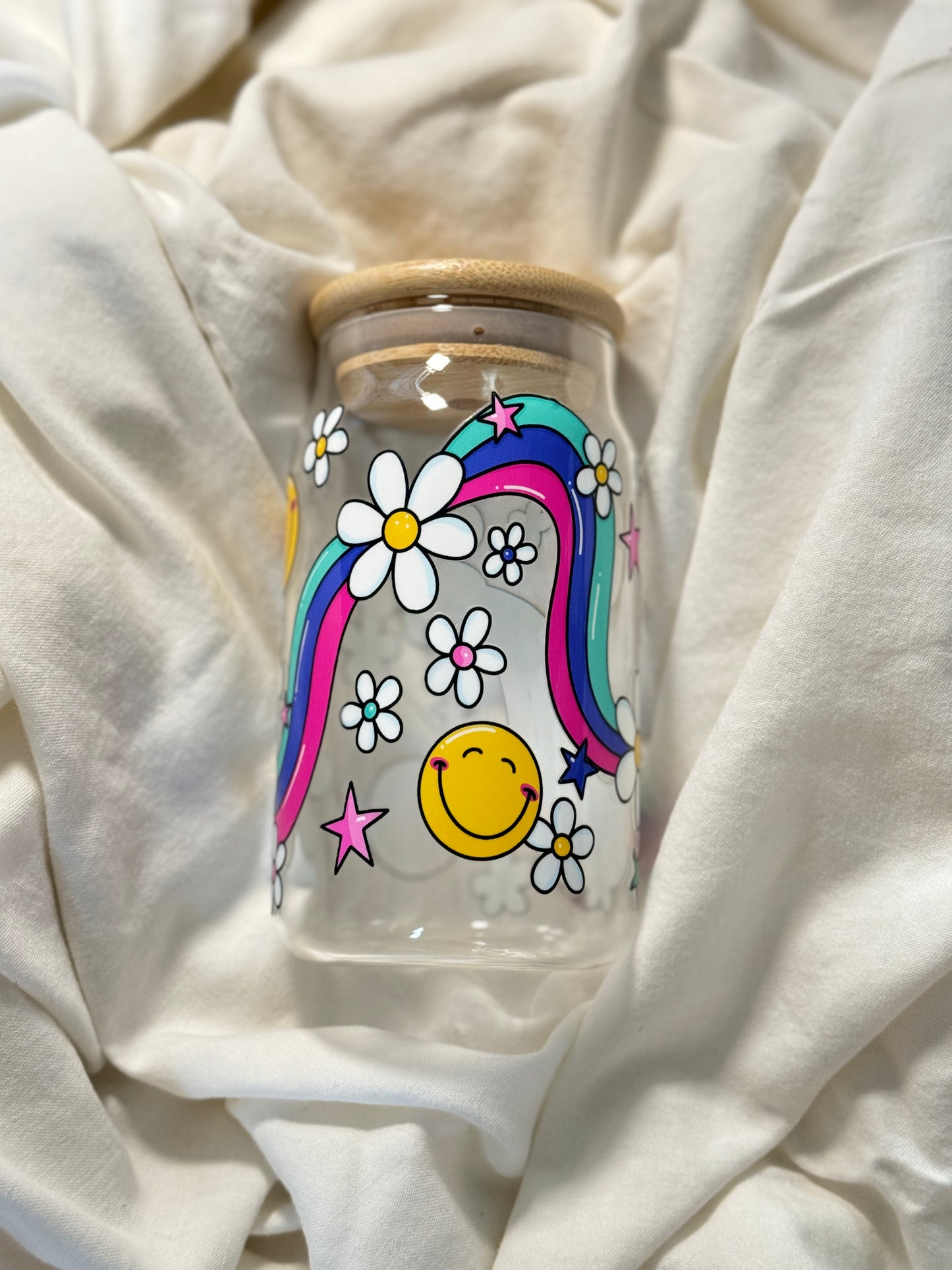 Rainbow Good Day 16 Ounce GLASS Cup with Straw