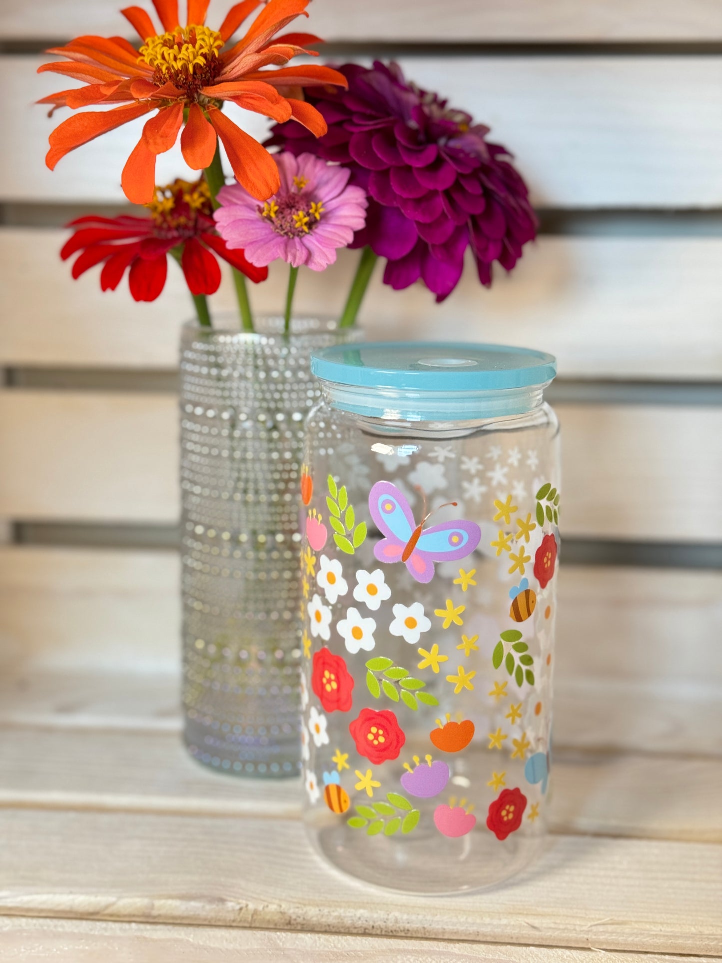 Floral Butterflies 16 Ounce Acrylic Cup with Lid and Straw