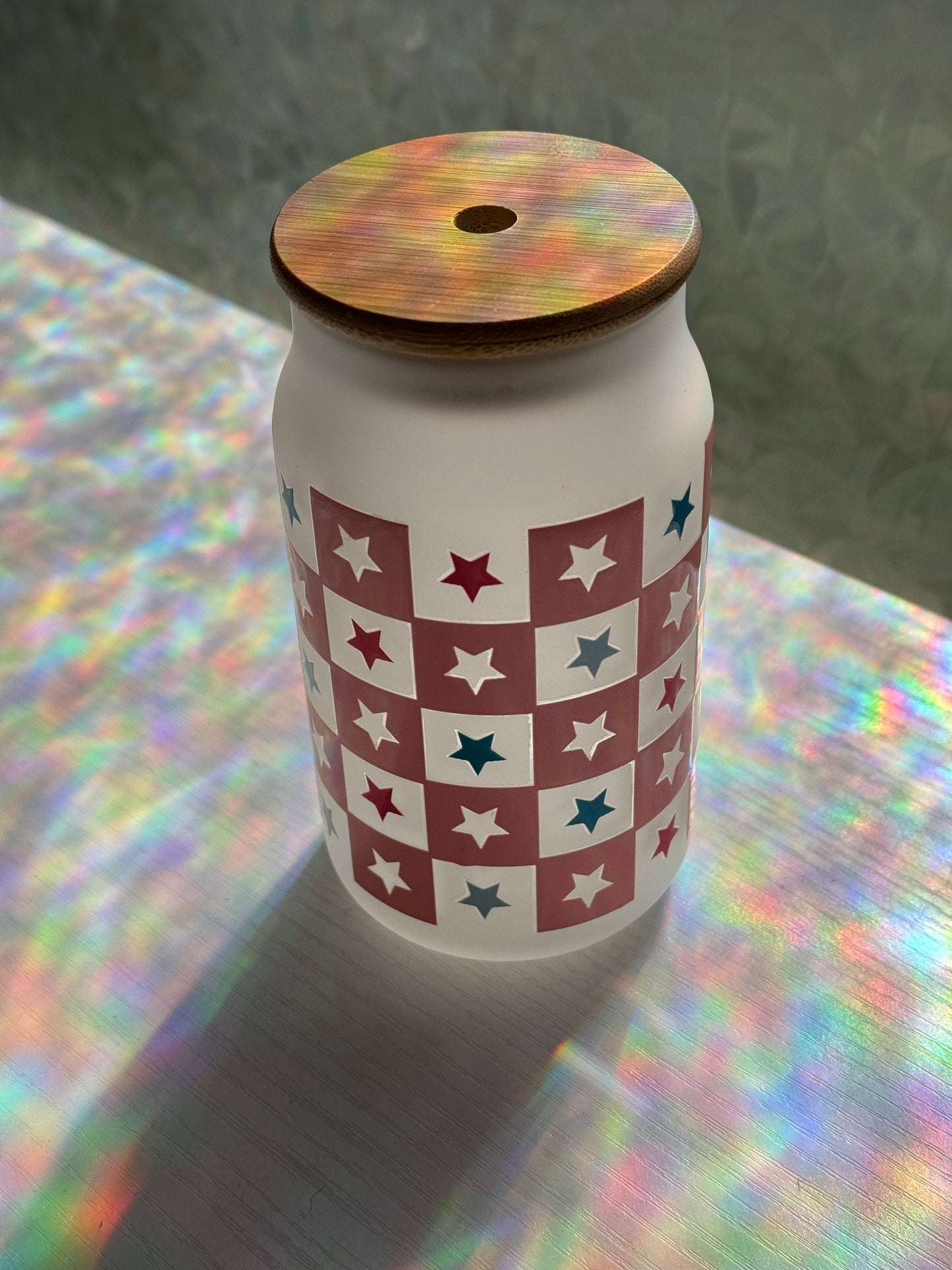 Checkered Americana Glass Cup + Lid and Straw