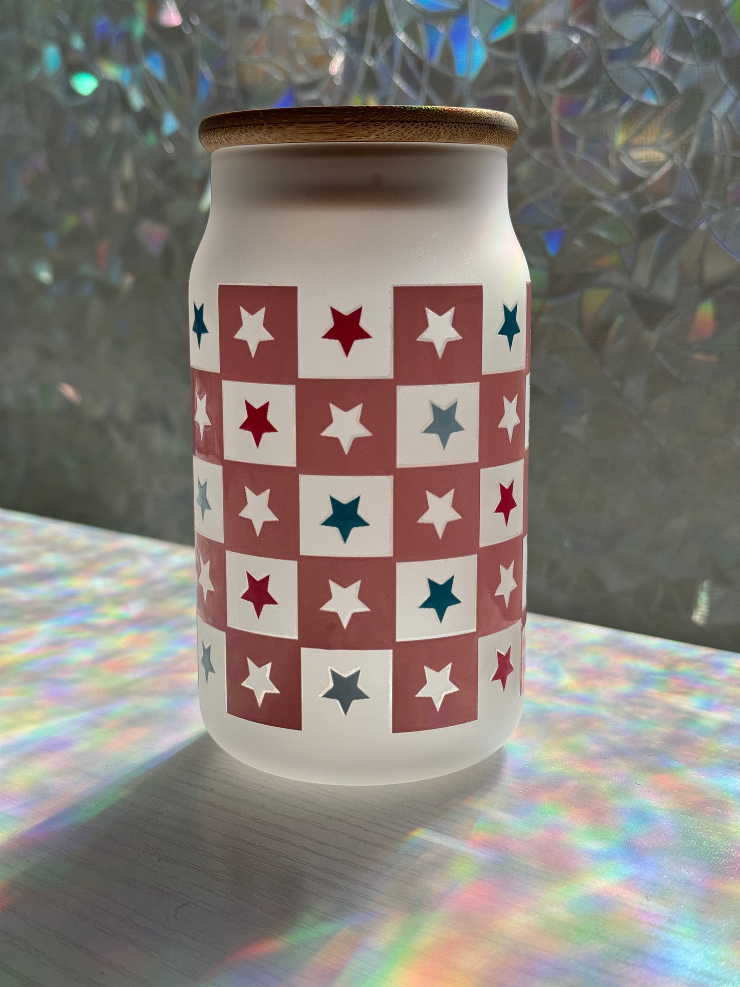 Checkered Americana Glass Cup + Lid and Straw