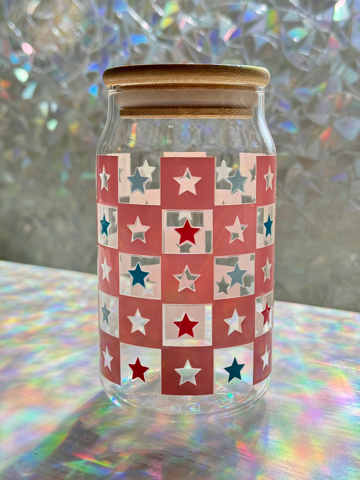 Checkered Americana Glass Cup + Lid and Straw