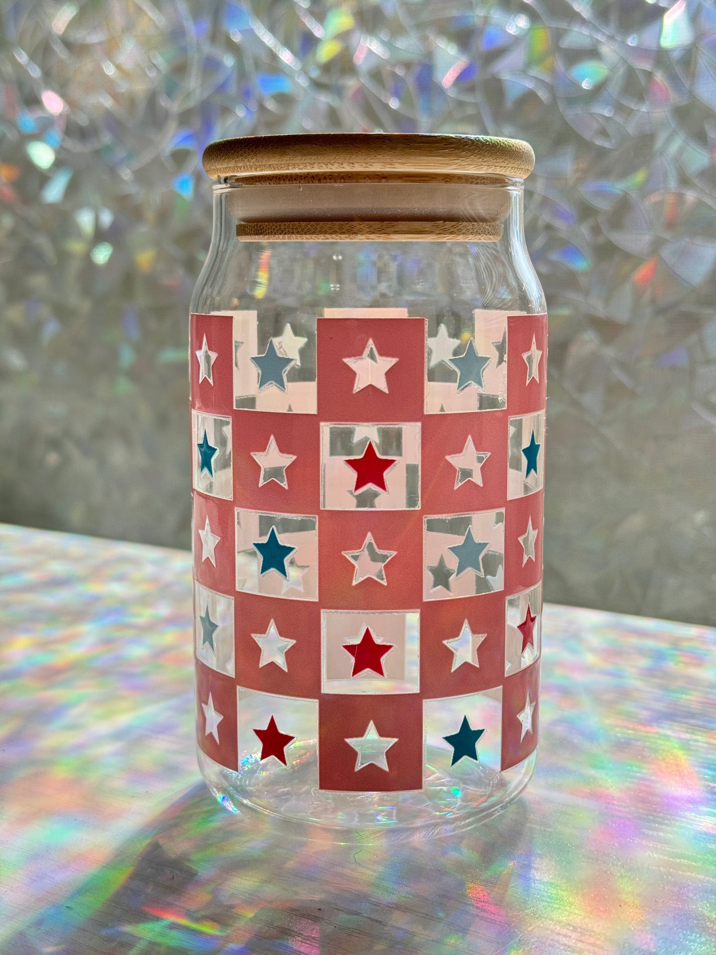 Checkered Americana Glass Cup + Lid and Straw
