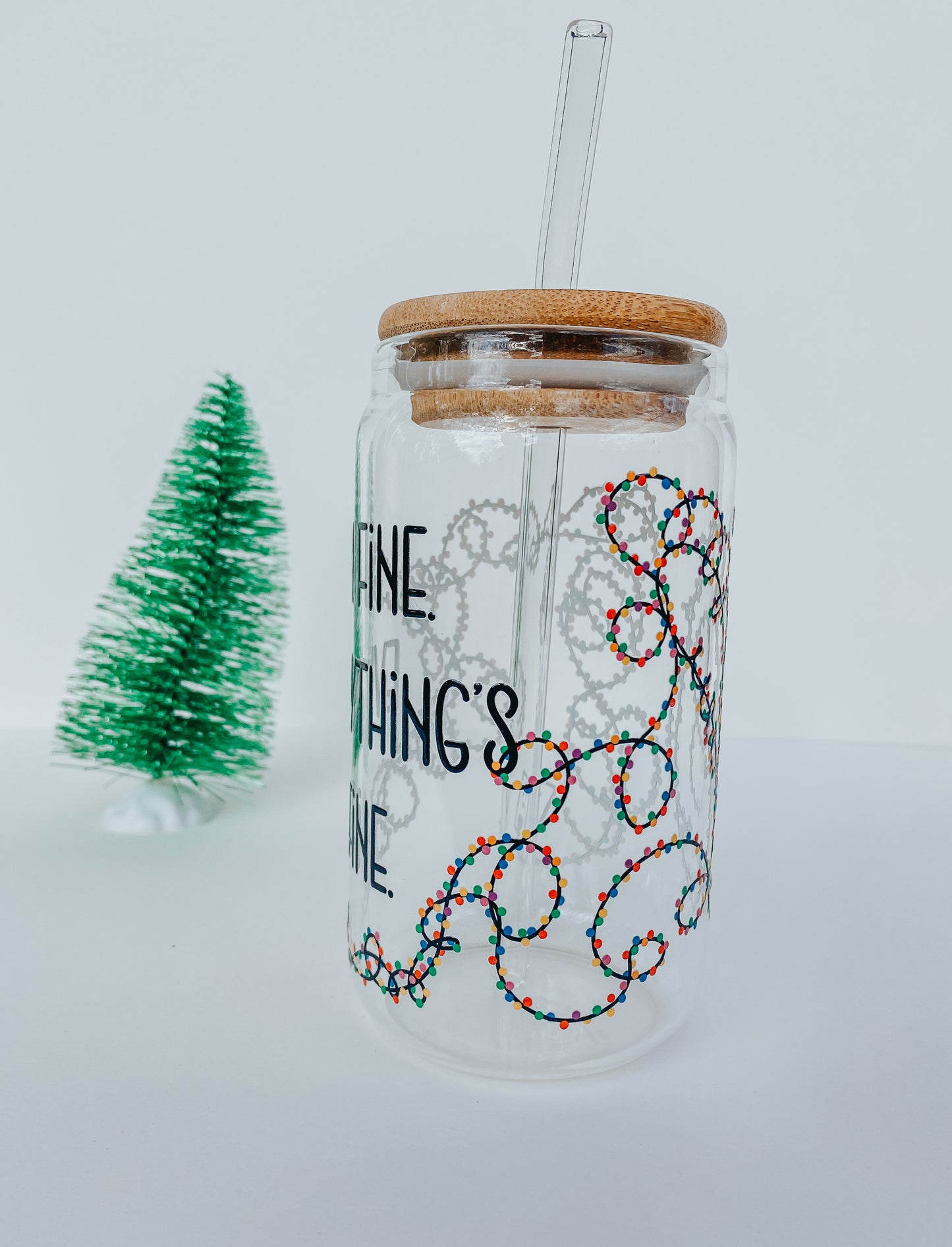 I'm Fine 16 Ounce Glass Cup With Lid and Glass Straw