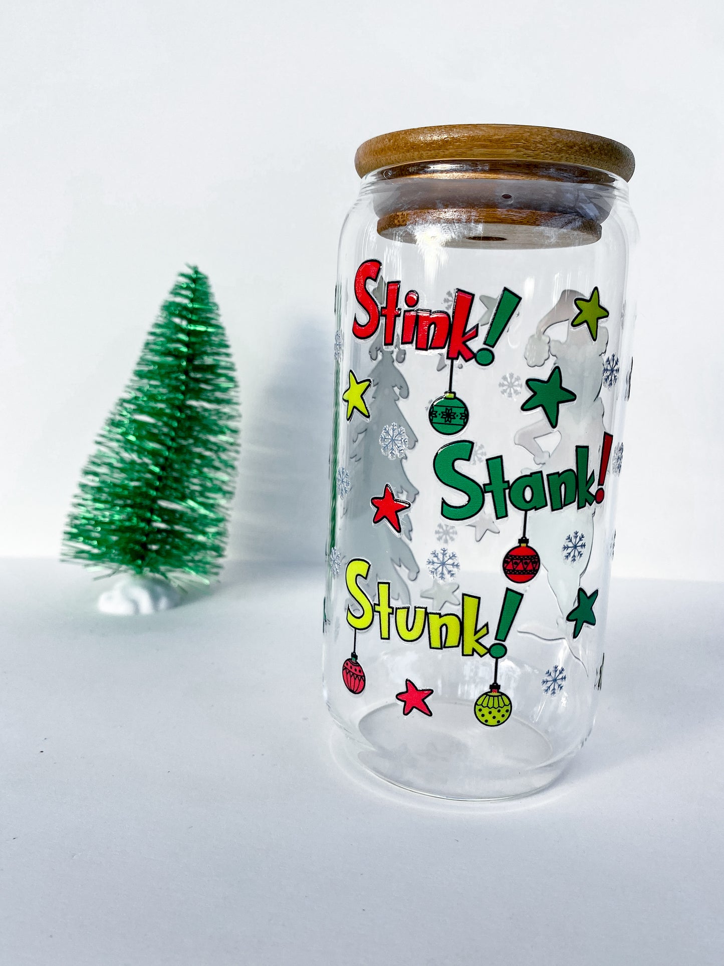 Stink, Stank, Stunk 16 Ounce Glass Cup With Lid and Glass Straw