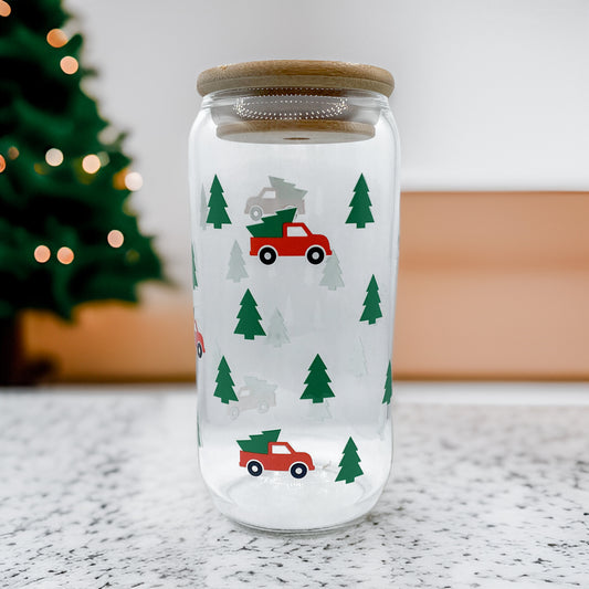 Farm Fresh Trees 16 Ounce Glass Cup With Lid and Glass Straw