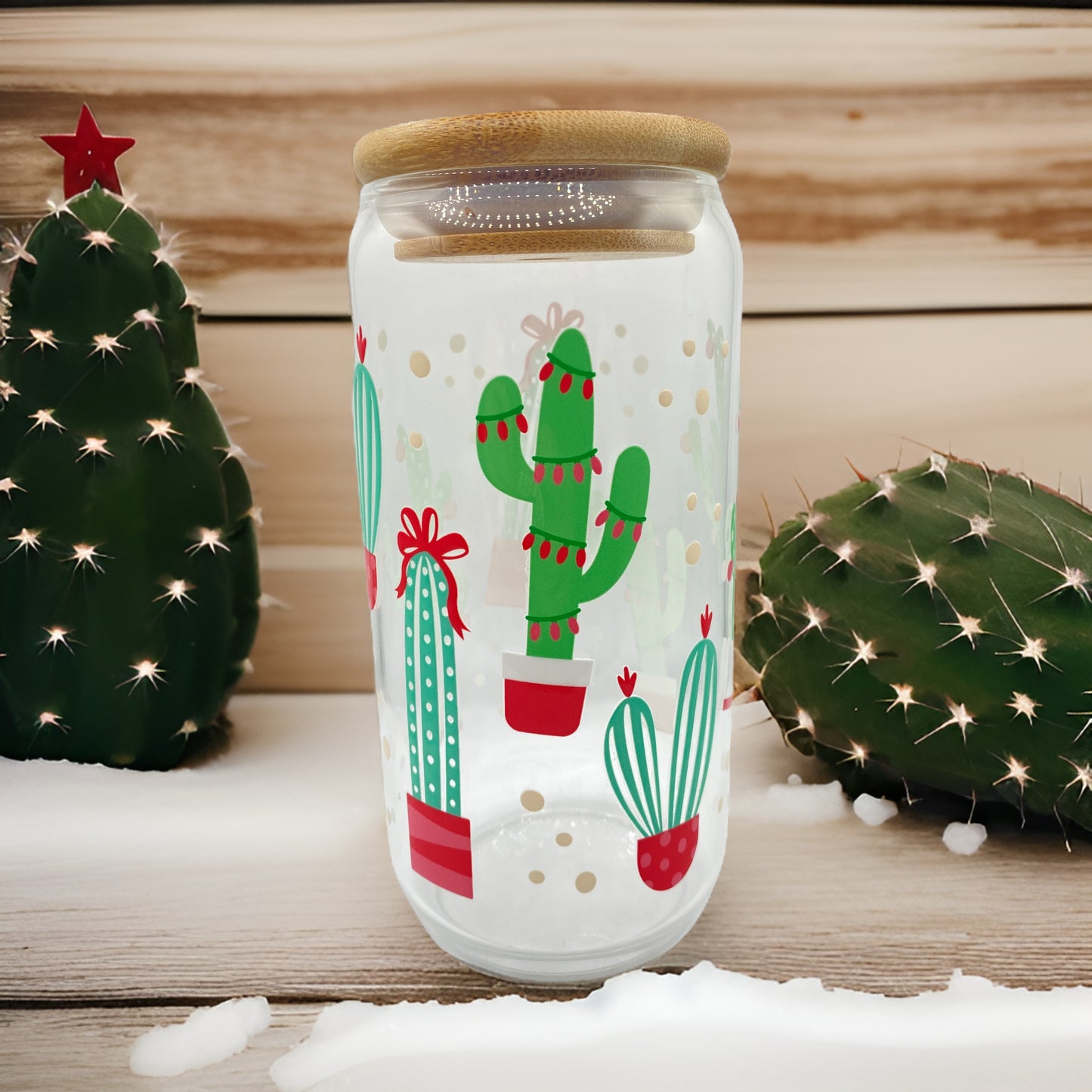 Desert Christmas 16 Ounce Glass Cup With Lid and Glass Straw