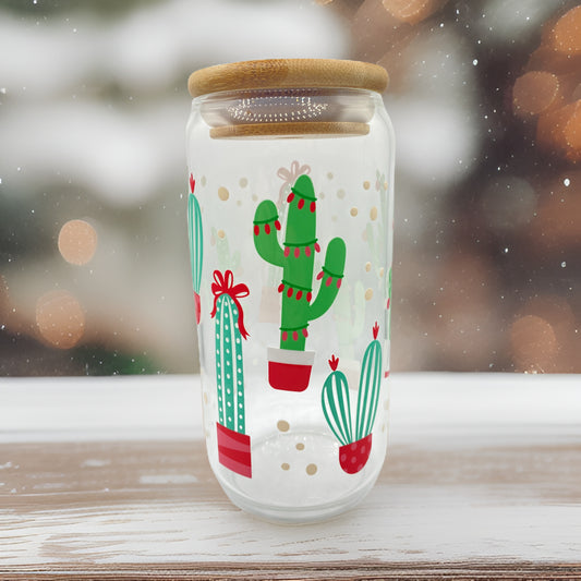 Desert Christmas 16 Ounce Glass Cup With Lid and Glass Straw