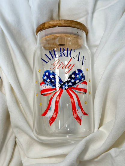 American Girly 16 Ounce GLASS Cup with Straw