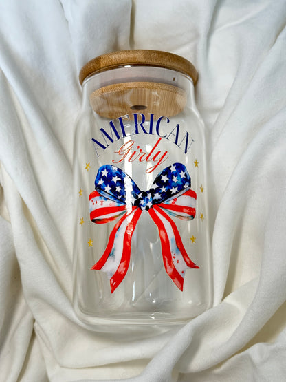 American Girly 16 Ounce GLASS Cup with Straw