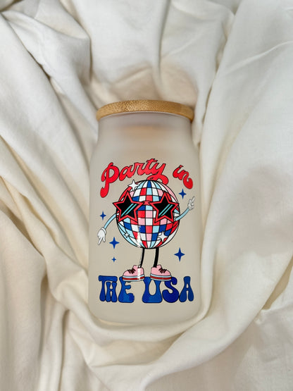 Disco Party in the USA 16 Ounce GLASS Cup with Straw