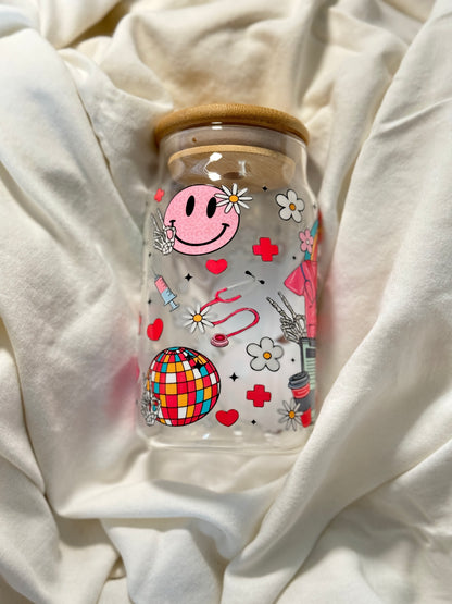 Groovy Nurse 16 Ounce GLASS Cup with Straw
