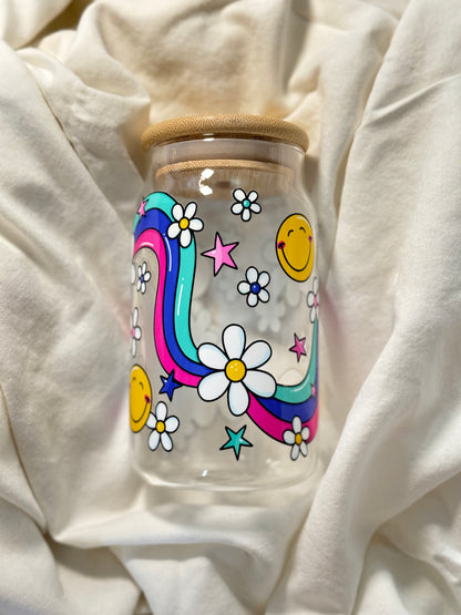 Rainbow Good Day 16 Ounce GLASS Cup with Straw
