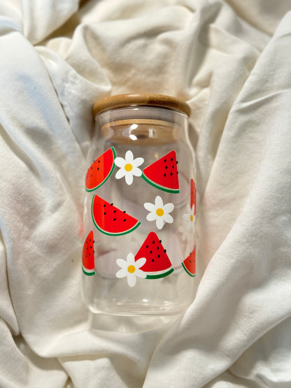 Watermelon 16 Ounce GLASS Cup with Straw