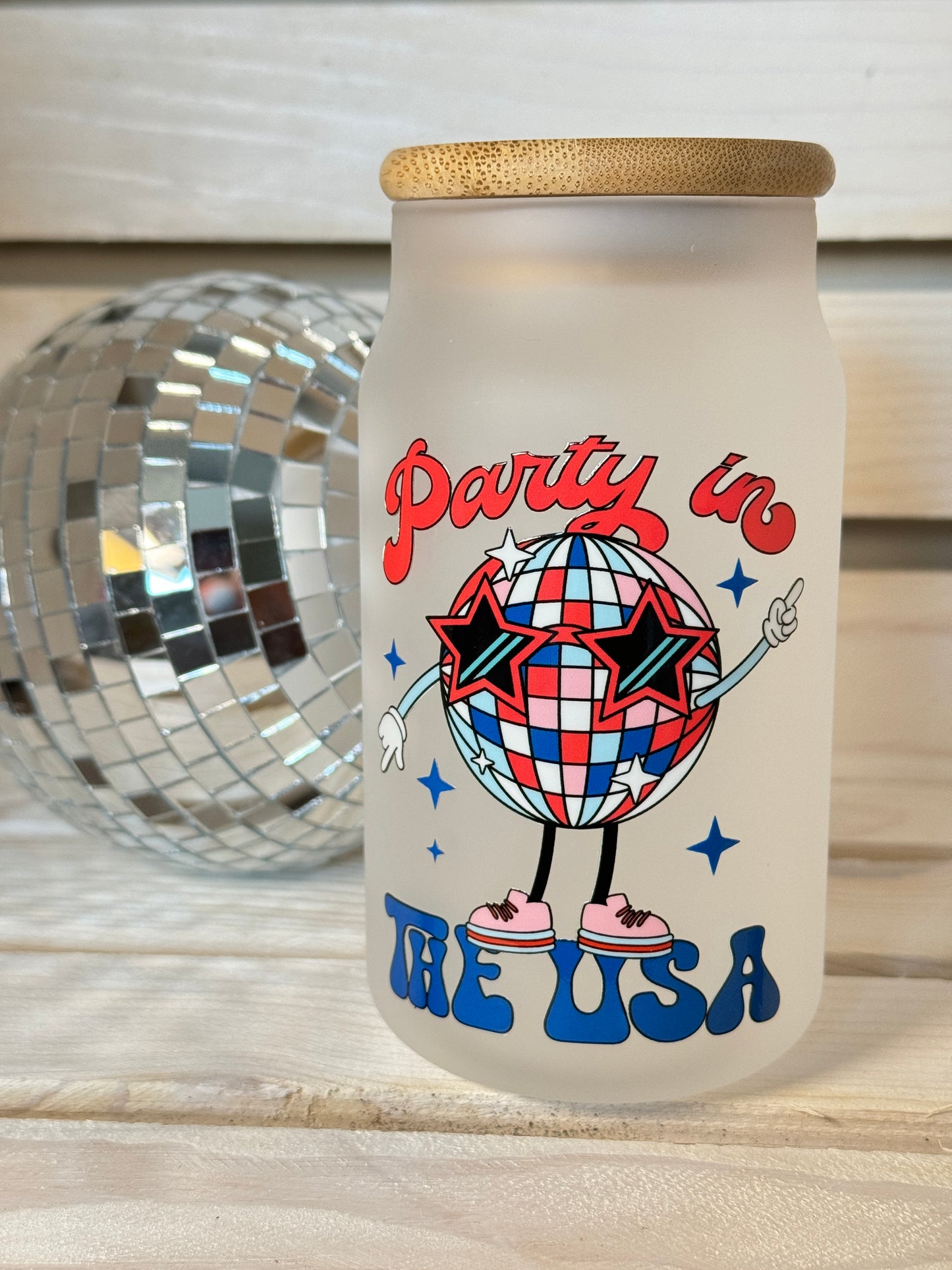Disco Party in the USA 16 Ounce GLASS Cup with Straw