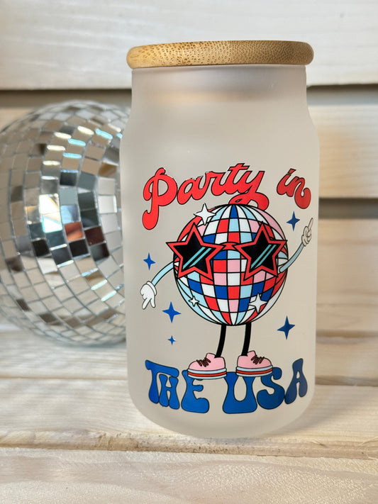 Disco Party in the USA 16 Ounce GLASS Cup with Straw