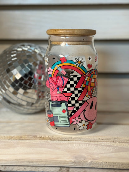 Groovy Nurse 16 Ounce GLASS Cup with Straw
