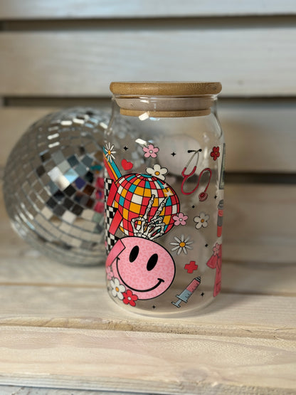 Groovy Nurse 16 Ounce GLASS Cup with Straw