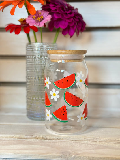 Watermelon 16 Ounce GLASS Cup with Straw