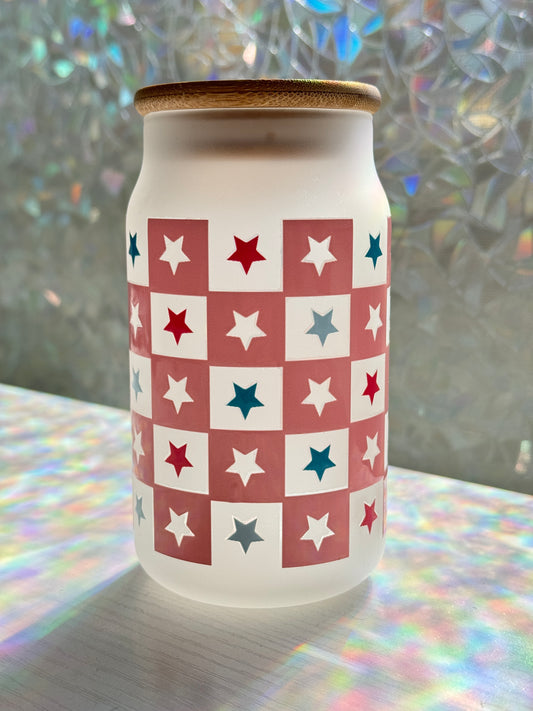 Checkered Americana Glass Cup + Lid and Straw