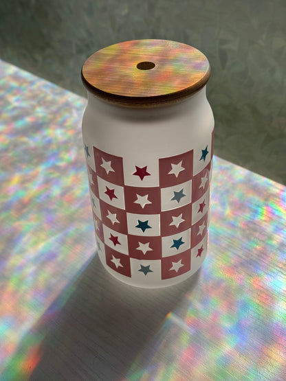 Checkered Americana Glass Cup + Lid and Straw