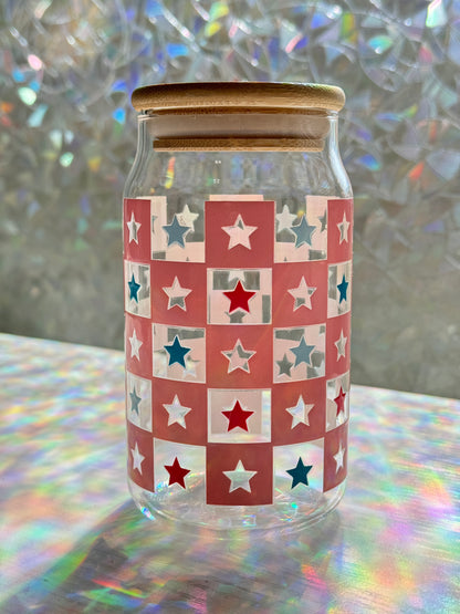 Checkered Americana Glass Cup + Lid and Straw