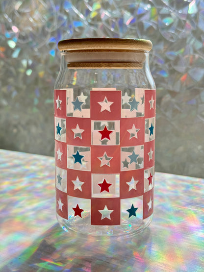 Checkered Americana Glass Cup + Lid and Straw