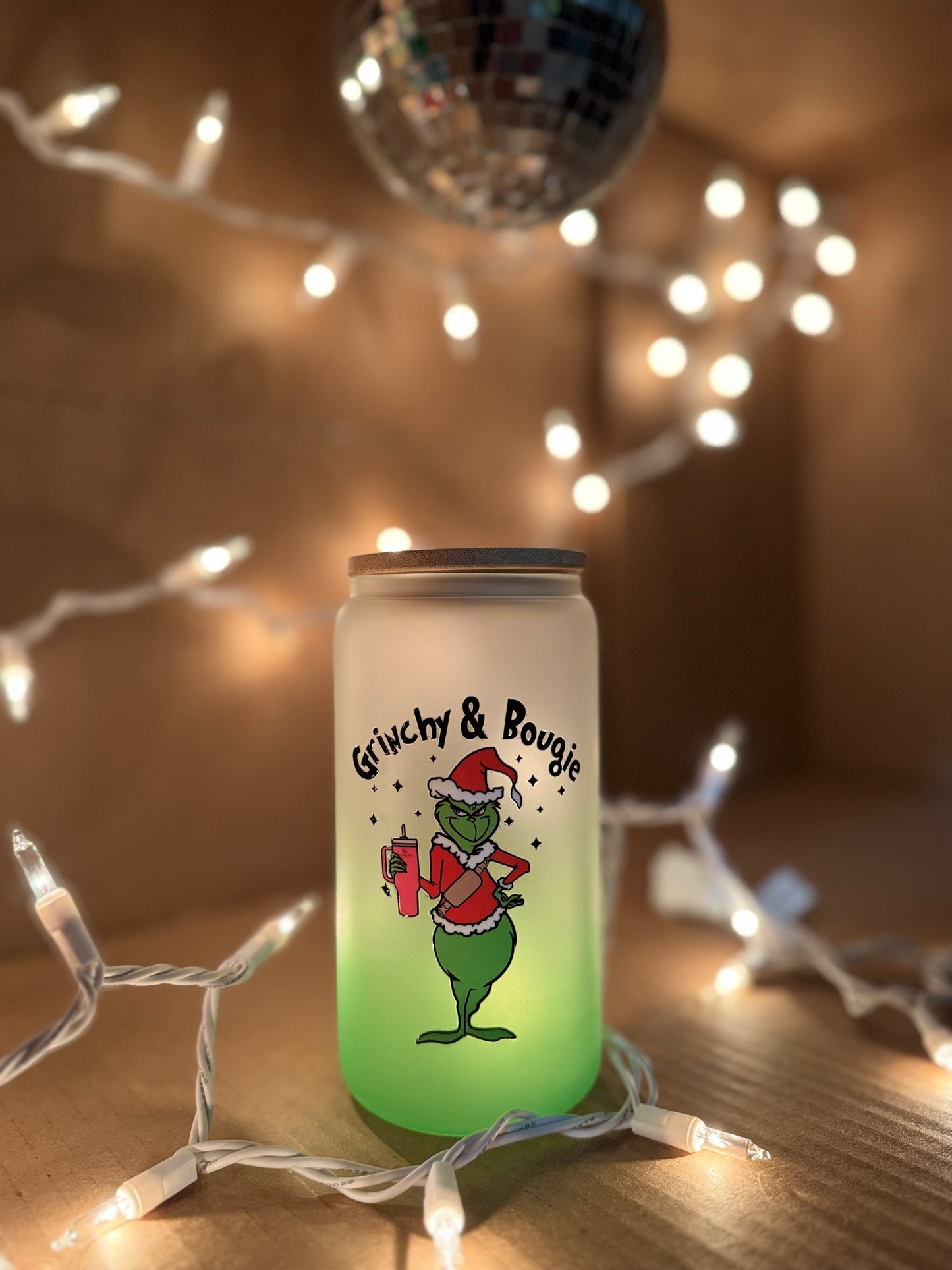 Grinchy and Bougie 16 Ounce Glass Cup