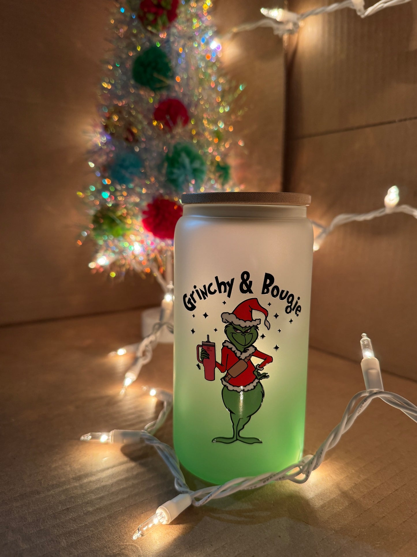 Grinchy and Bougie 16 Ounce Glass Cup