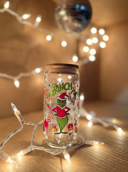 Mean Green Christmas Scene 16 Ounce Glass Cup With Lid and Glass Straw