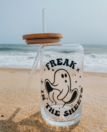 Freak in the Sheets Glass Cup with Lid and Straw