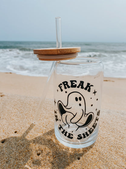Freak in the Sheets Glass Cup with Lid and Straw