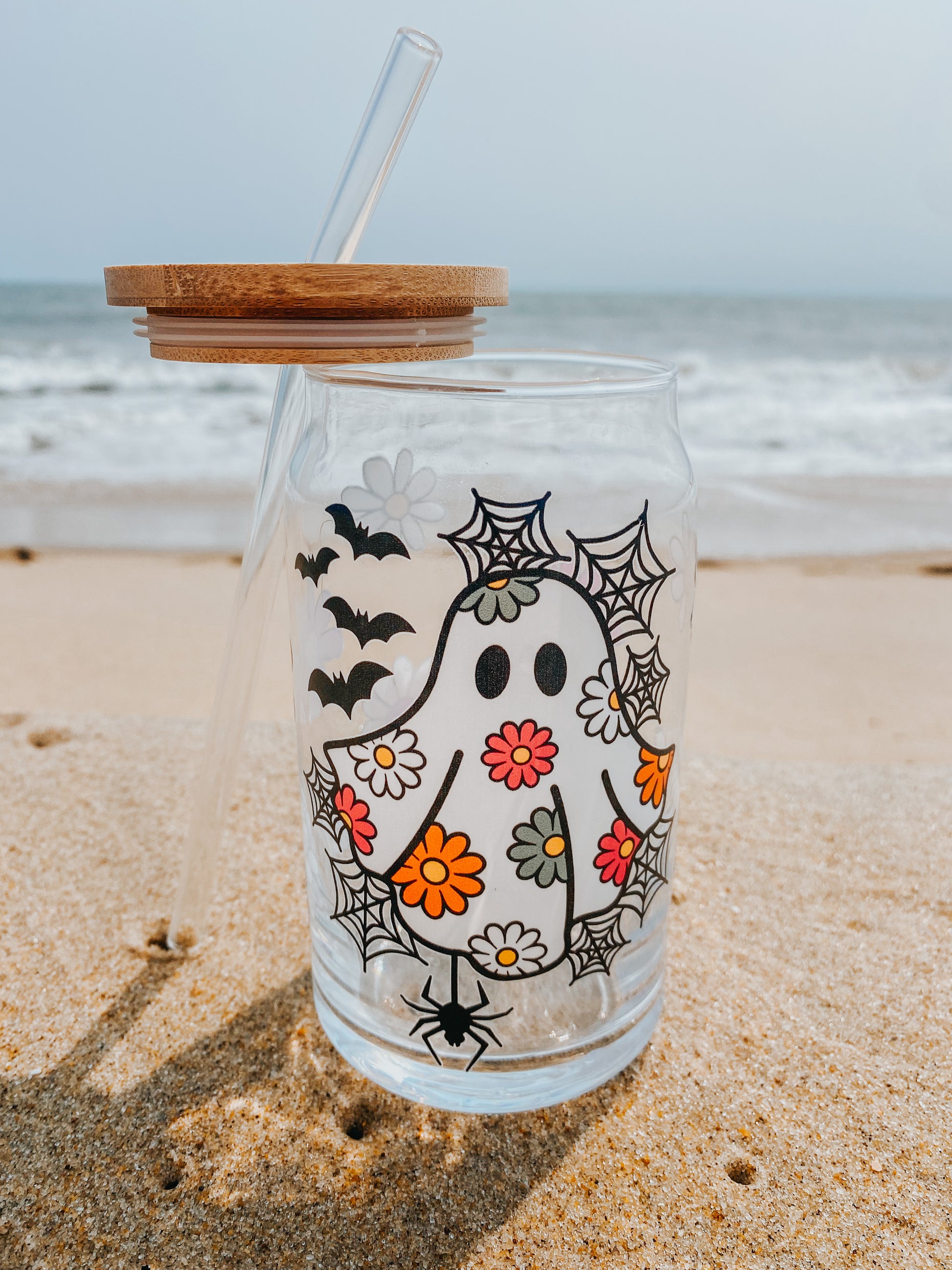 Groovy Halloween 16 Oz. Glass Cup with Bamboo Lid + Glass Straw