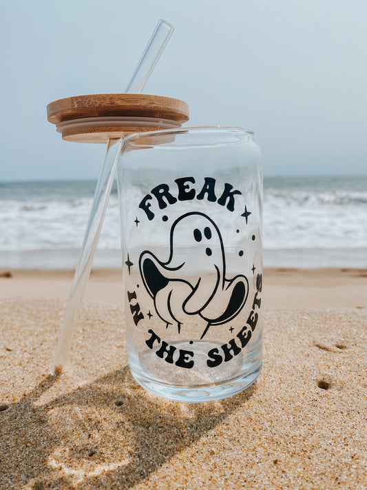 Freak in the Sheets Glass Cup with Lid and Straw