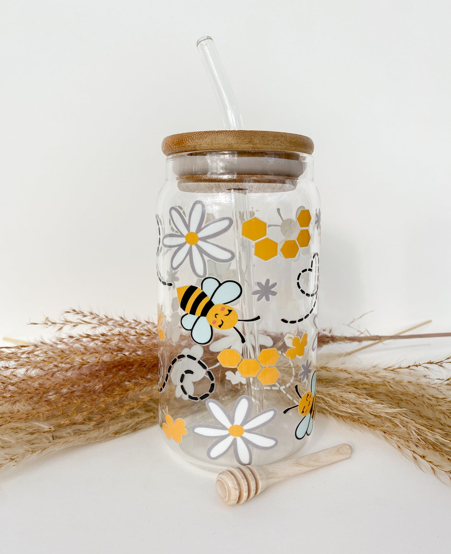 Bees Knees 16 Ounce Glass Can With Lid and Glass Straw