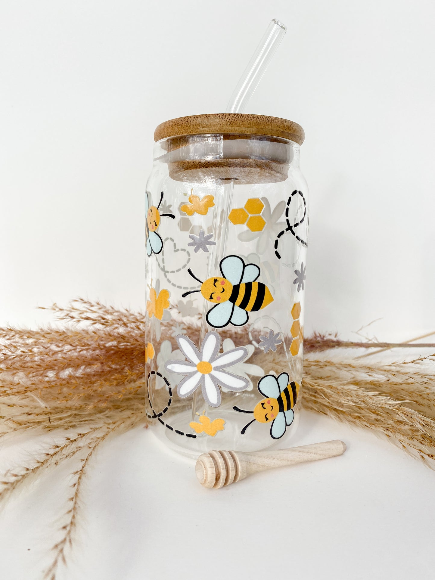 Bees Knees 16 Ounce Glass Can With Lid and Glass Straw