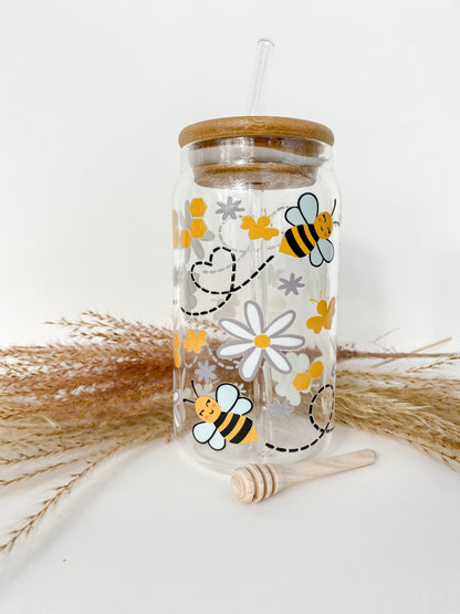 Bees Knees 16 Ounce Glass Can With Lid and Glass Straw
