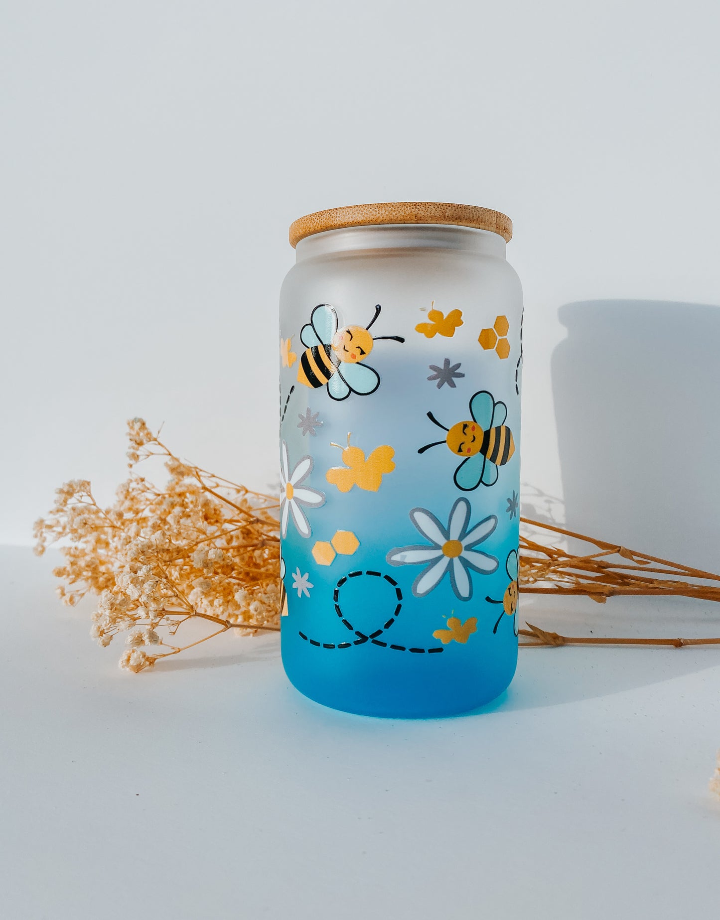 Bees Knees 16 Ounce Glass Can With Lid and Glass Straw