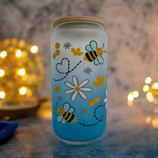 Bees Knees 16 Ounce Glass Can With Lid and Glass Straw