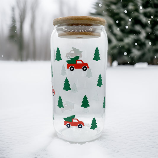 Farm Fresh Trees 16 Ounce Glass Cup With Lid and Glass Straw
