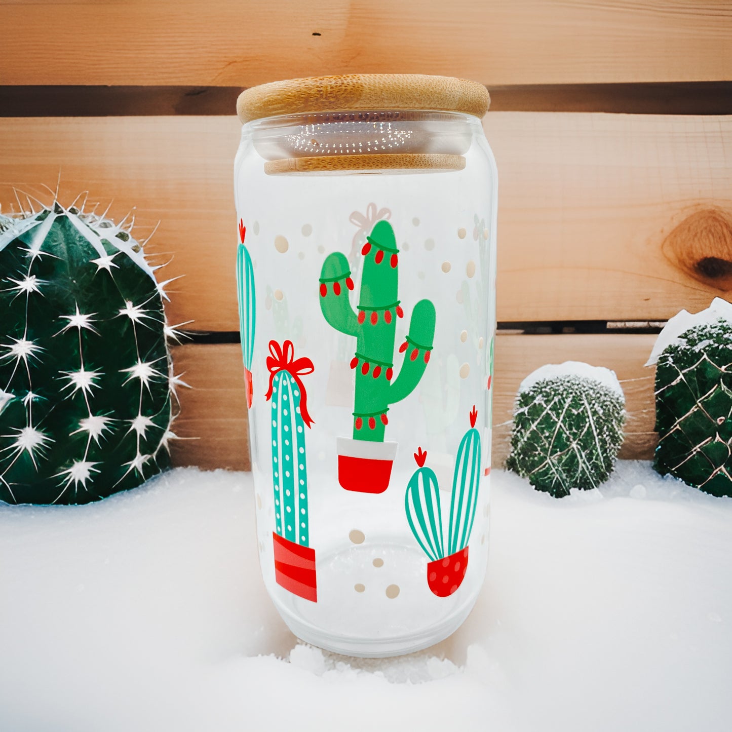 Desert Christmas 16 Ounce Glass Cup With Lid and Glass Straw
