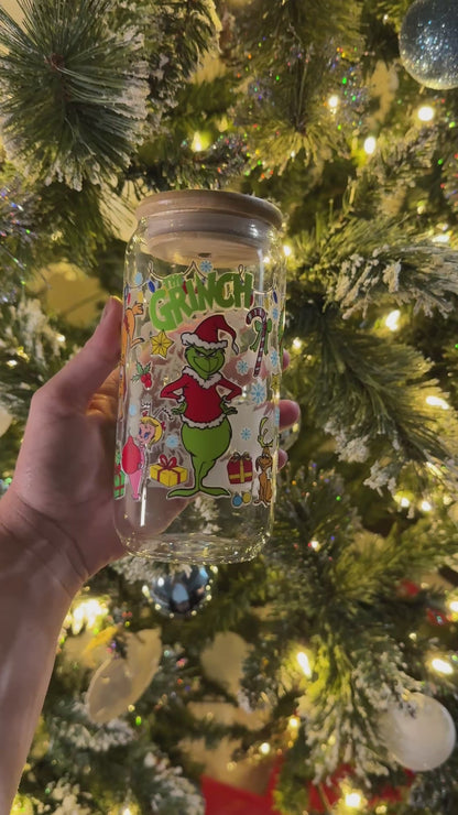 Mean Green Christmas Scene 16 Ounce Glass Cup With Lid and Glass Straw