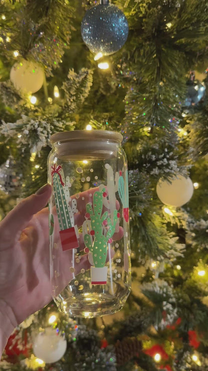 Desert Christmas 16 Ounce Glass Cup With Lid and Glass Straw